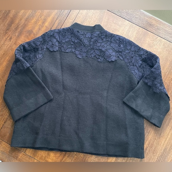 ANTHROPOLOGIE FIELD FLOWER  Black Cardigan Womens Size L Navy Laced Bell-Sleeve - Picture 5 of 13